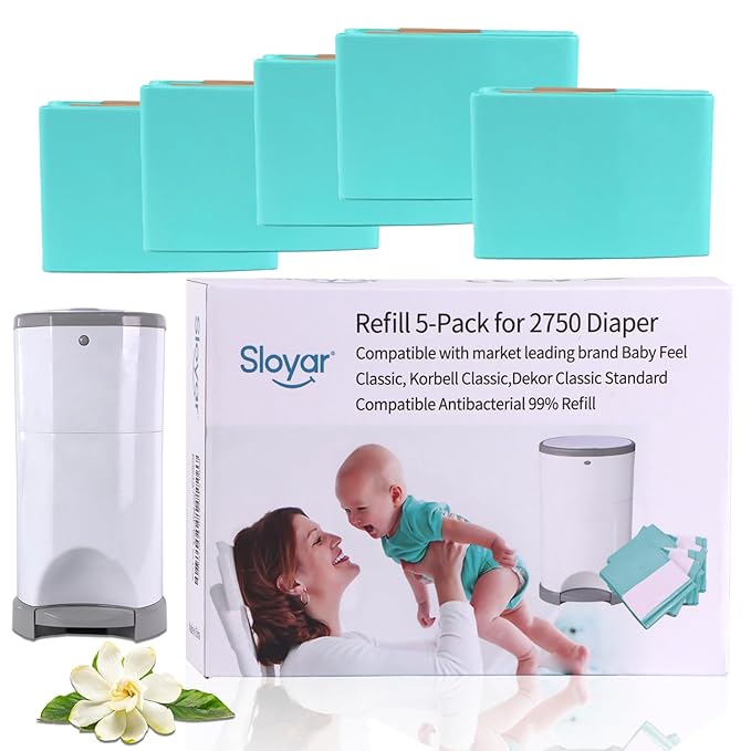 Refill Diaper Pail Bags Compatible with Dekor Classic Diaper Pails | 5 Pack | Diaper Pail Refills with 30% Extra Thickness | Baby Powder Fragrance | Holds up to 2750 Diapers.