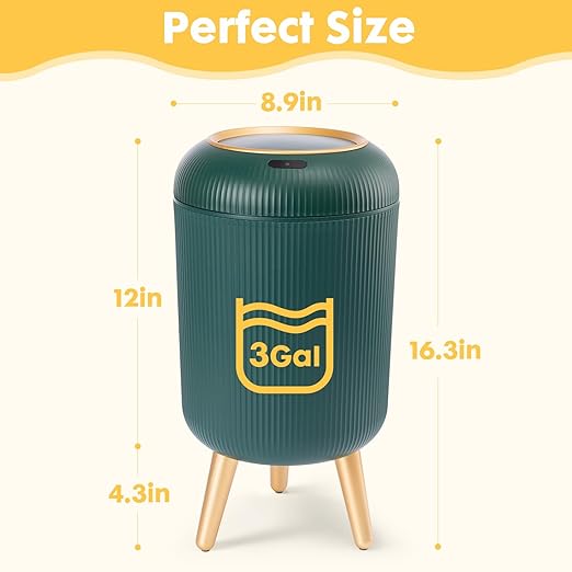 Bathroom Trash Can Automatic Touchless, 3 Gallon Smart Motion Sensor Garbage Can with Lid Electric Small Mini Trash Garbage Bin for Kitchen, Office, Toilet, Bedroom Diaper Trash Cans-Green