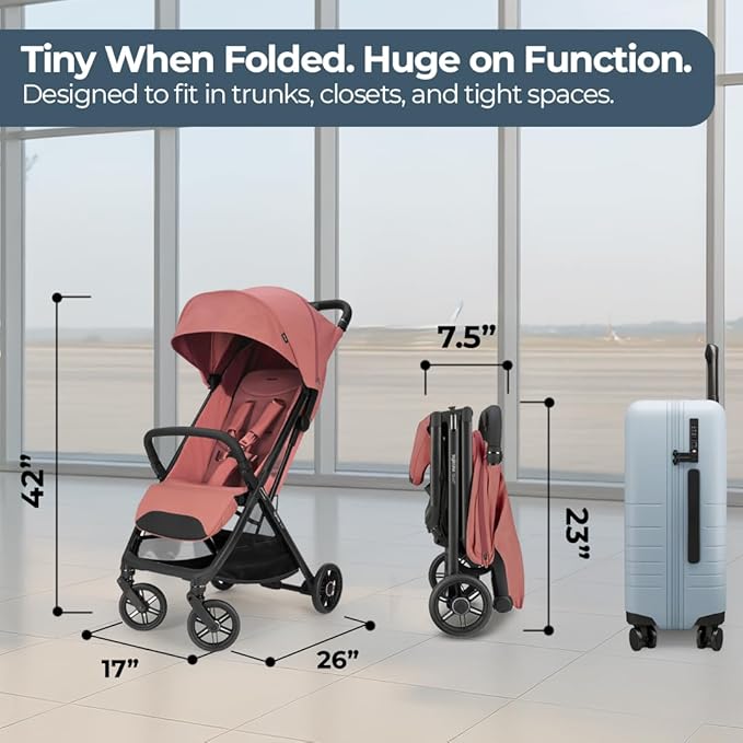 Inglesina Quid³ Stroller, Aurora Pink - Compact Reclining Travel Stroller for Baby & Toddler 0-55 lbs, One Hand fold, Airplane Overhead, Lightweight, Foldable, XL UPF 50+ Canopy