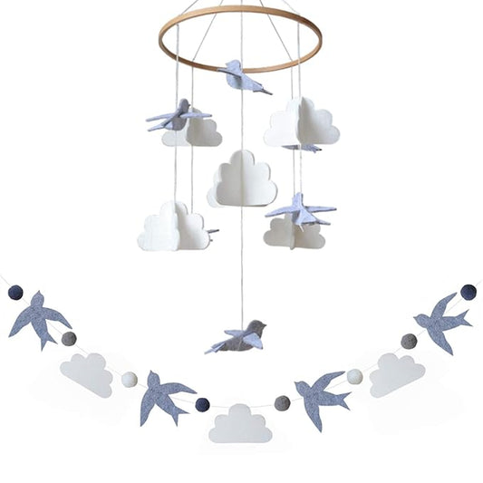Sorrel + Fern Baby Crib Mobile - Birds in The Clouds w/Garland - Nursery Decor for Boys & Girls