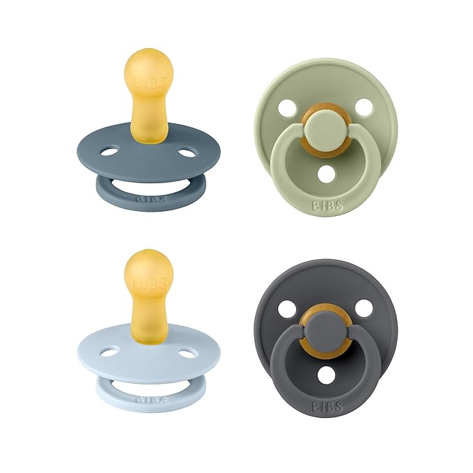 BIBS Pacifiers - Colour 4-Pack | BPA Free Baby Pacifier | Round Nipple Binkies | Natural Rubber Latex Soother | Made in Denmark | Size 6-18 Months | Baby Blue Mix