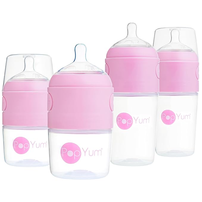 PopYum Pink Formula Making Baby Bottle Starter Set, 4-Pack, 2X 5oz Bottles with #1 Slow Flow Nipples + 2X 9oz Bottles with #2 Medium Flow Nipples, Mixing, Dispenser