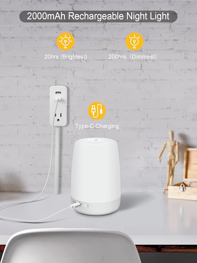 Night Light for Kids & Nursery - Rechargeable Touch Lamp, Portable Nursing Lamp with Soft & Warm Light for Newborn, 3 Timers, Up to 200H