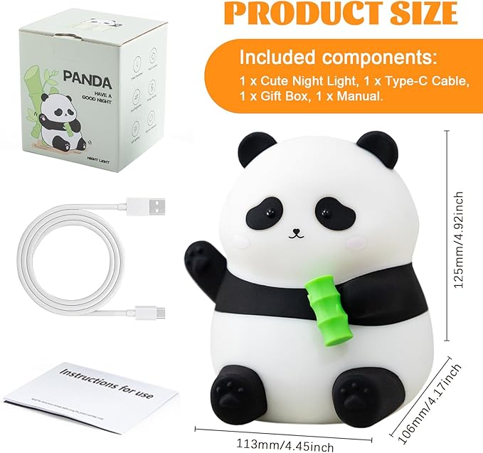 Panda Night Light, Silicone Lamp – Tap-Control Dimmable, 10H High/50H Low Battery Life, Soft Light for Breastfeeding Nursery, Cute Panda Gifts for Kids Boys Girls, Bedside Desk Decor
