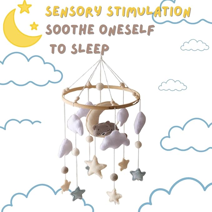 GOODMOM Sleeping Bear Baby Crib Mobile Handmade Soothing Bedtime Baby Mobile for Crib Felt Night Mood Nursery Decor for Baby Boy&Girl Easy Assembly & Durable Newborn Gift (Moon Bear)