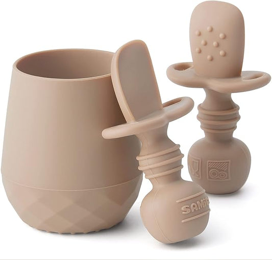 SAMiGO Silicone Baby Utensils - Self Feeding Spoons and Tiny Training Cup - First Stage Baby Led Weaning Supplies for 6 Months+ Infants - Set of 3