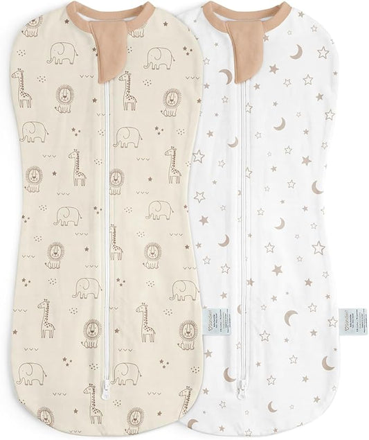 Baby Swaddle 0-2 Months, Cotton Arm-In Zipper Sleep Sack, Wearable Blankets Wrap for Newborn Infant Girls and Boys (Woodland Animal, Star Moon, Pack of 2)