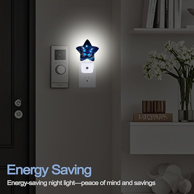 Blue Butterfly Moon Dusk to Dawn Star Night Light,Starry Sky Smart Sensor Nightlight for Bedroom Kitchen Hallway Stairs,Plug-in Energy Efficient Decor Desk Lamp Women Men Gifts