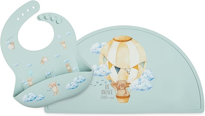 Silicone Baby Bib and Mat | Boys Girls Babies & Toddlers | Waterproof, Adjustable, BPA Free
