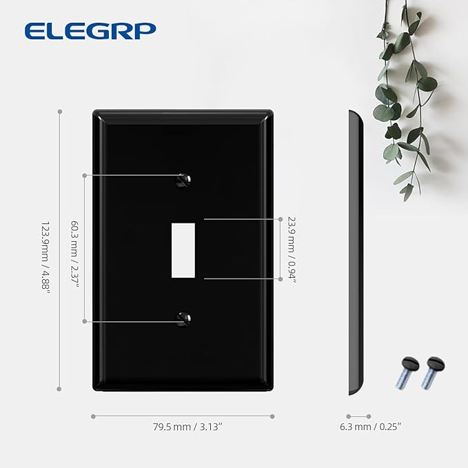 ELEGRP 1-Gang Mid Size Toggle Switch Covers, Light Switch Wall Plate, Unbreakable Polycarbonate Replacement Faceplates Covers, UL Listed, Color-matched Screws Included (5 Pack, Glossy Black)