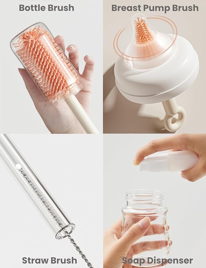 7 in 1 Baby Bottle Brush Set with Silicone Brush, Nipple Brush, Straw Brush, Soap Dispenser, Bottle Drying Rack, Storage Box - Baby Essentials for Home and Travel, Idea Gifts