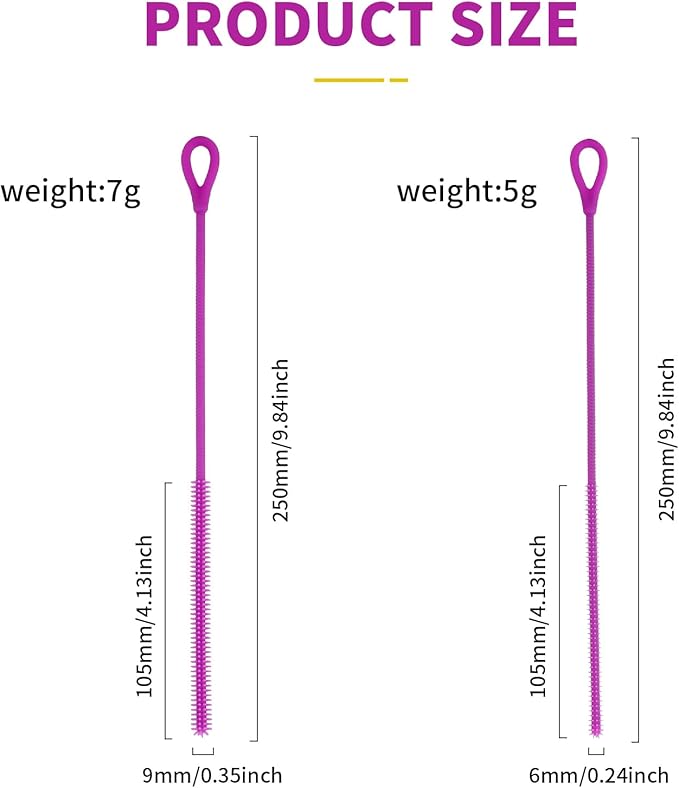 2Pcs Silicone Straw Cleaner Brush, 9.84in Reusable Straw Cleaner with Bendable Steel Core, Extra Long Soft Bottle Brush for Clearing Glass Straws, Smoothie Straws, 9mm&6mm (Purple)