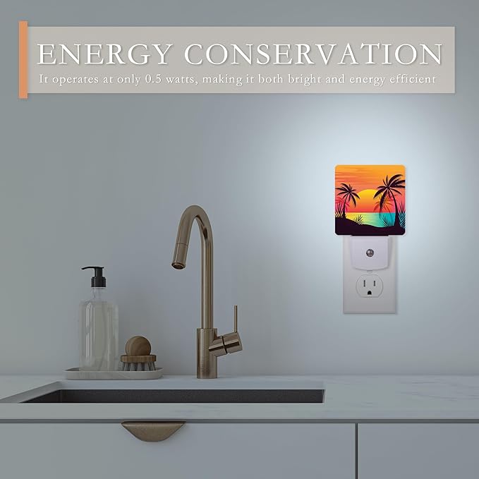 Night Light,Palm Tree with Beach Sunset Night Lights Plug into Wall for Boys Girls Bedroom Decorative Half Round Nightlight Led Lamp 0.5W Sleep Friendly