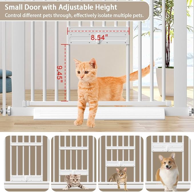 40.55" Tall 1.37" Ultra Narrow Spacing 57.68-73.43" Extra Wide Dogs Pets Baby Gate with Cat Door for Doorway Safety Proof Indoor Puppy Pressure Mounted No Drill White Black Metal Hallway