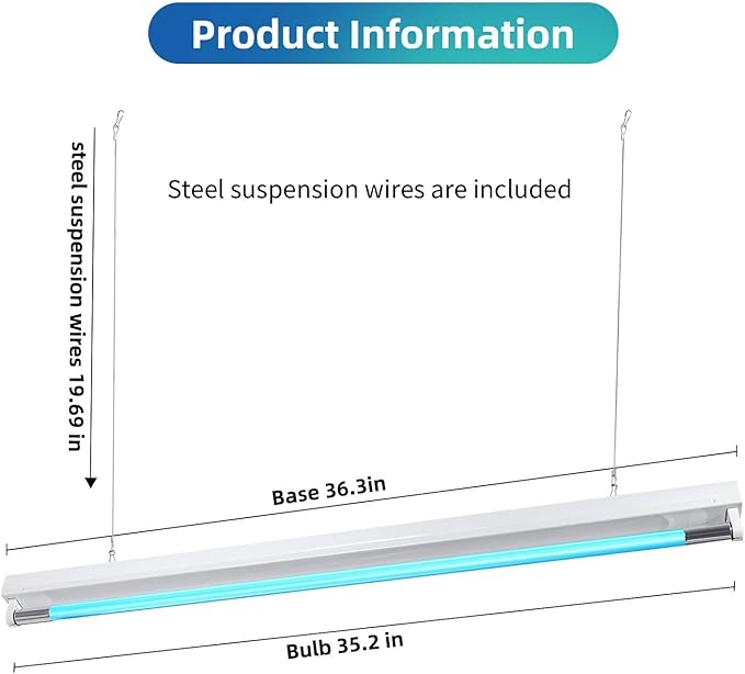 30W UV Sanitizer Light, Powerful UVC Lamp with Steel Suspension Wires, UV Sanitiztion Linear Light for Large Spaces-School, Factory, Hospital, Ozone-Free UVC Linear Batten 253.7nm, T8 G13 35.43 in