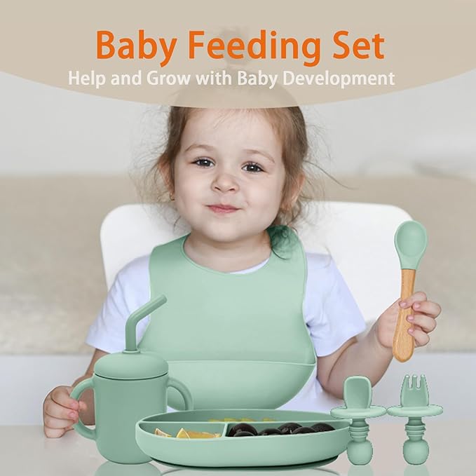 Silicone Baby Feeding Set 10Pcs, Toddler Plates with Suction Baby Bowls, Silicone Bibs for Babies, Toddler Cup, Baby Spoon & Fork, Baby Utensils Feeding Essentials for Starting Solids