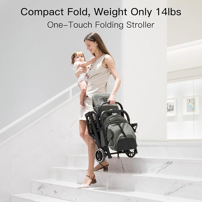 Compact Fold Baby Stroller, Lightweight Travel Toddler Stroller with One-Click Fold, Extendable UPF50+ Canopy, Cup Holder, UV Protected and Waterproof, One-Hand Folding - Green