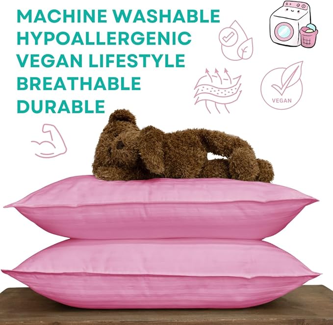 kinder Fluff Children Pillow (2-Pack) – Small Pillows for Kids - Hypoallergenic, Machine Washable & Lump Free - Intended for Children 2+ Years (10x15in, Pink)