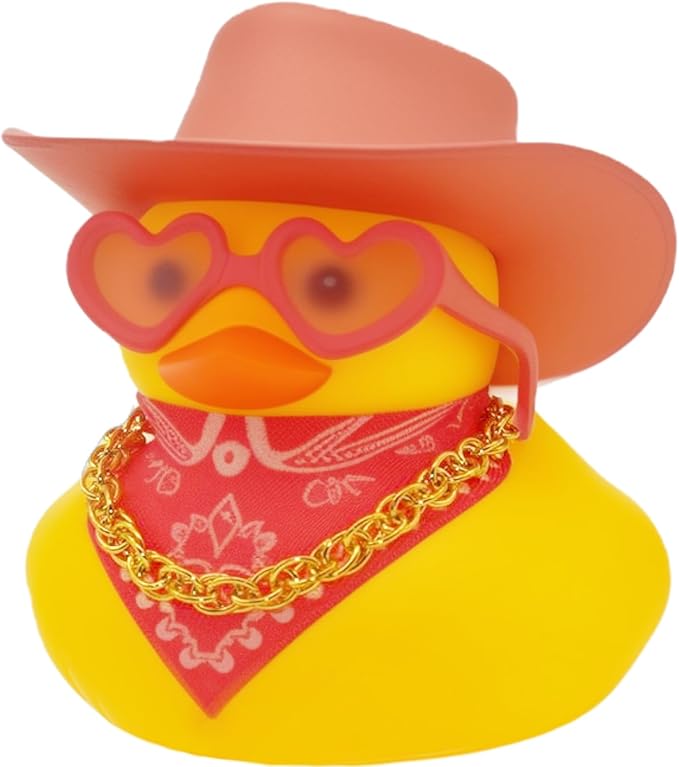 Quackly Pink Cowboy Rubber Duck, Car Dashboard Decoration Ducks with Cowboy Hat Necklace Sunglasses, Glitter Pink