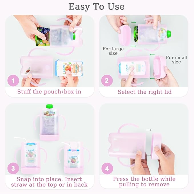 MOMUSE Dual-Lid Squeeze Pouch Holder for Food Pouches & Drink Boxes, Baby Pouch Holder with Larger Capacity, Versatile Design for Self-Feeding, Anti-Squeeze Pouch Holder No Spill No Mess, 2PC Pink