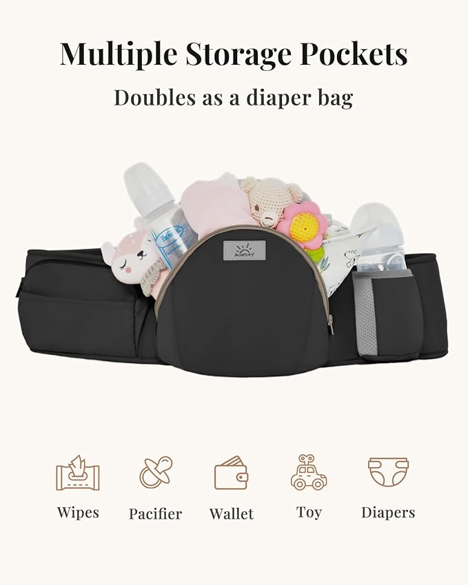 MOMTORY StowNGO Pro Baby Carrier, Safety-Certified 6-in-1 Ultra Storage Baby Carrier Newborn to Toddler, Front & Back Baby Holder Carrier with Hip Seat, Pure Black