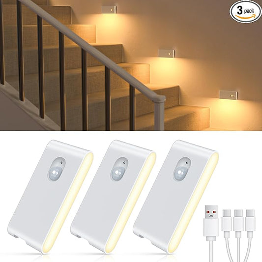 WILLED Motion Sensor Night Light, Rechargeable Stair Lights Indoor, Warm White Motion Sensor Light Indoor, Battery Operated Night Light for Hallway, Stairway, Bathroom, Bedroom, Kitchen, 3 Pack