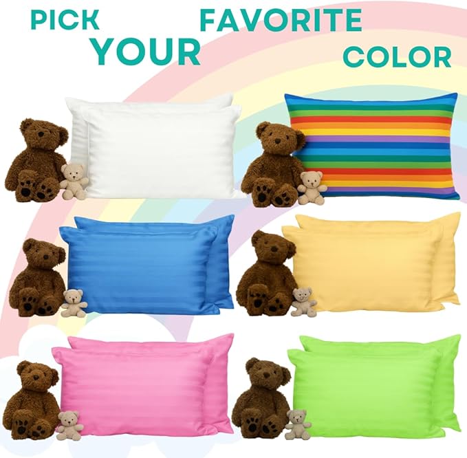 kinder Fluff Children Pillow (2Pack) 14x20in - Junior Pillows for Kids Age 4+, 100% Cotton Sateen Stripes Shell 300T, Down Alternative Fill, Machine Washable - Children & Travel Cushion - Green - M