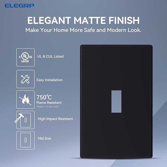 ELEGRP 1-Gang Screwless Toggle Switch Wall Plates, Mid-Size Unbreakable Thermoplastic Faceplate Cover for Wall Switch & Toggle Dimmer Switch, UL Listed (1 Pack, Matte Black)
