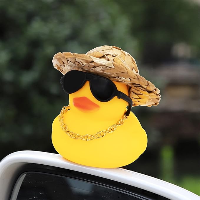 wonuu Car Rubber Duck, Yellow Duck Decoration Dashboard with Sun Hat Swim Ring Necklace Sunglasses for Car Dashboard Decorations