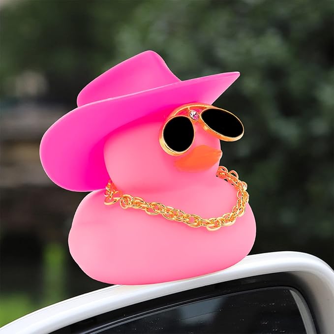 wonuu 2Pcs Car Dashboard Decorations Color Ducks, Rubber Duck for Car Ornament Accessories with Mini Hat Sunglasses Necklace and Swim Ring, A_Pink Duck+Pink Cowboy&Pink Spots Cowboy