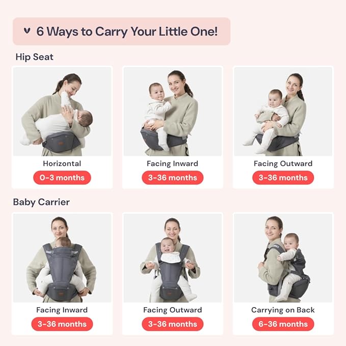BabbleRoo Grow Carrier – Safety-Certified 6-in-1 Baby Carrier with Hip Seat, Ergonomic & Adjustable Toddler Carrier 7-50 lbs with Hip Support, Hood for Sun Protection, Newborn to Toddler, Gray