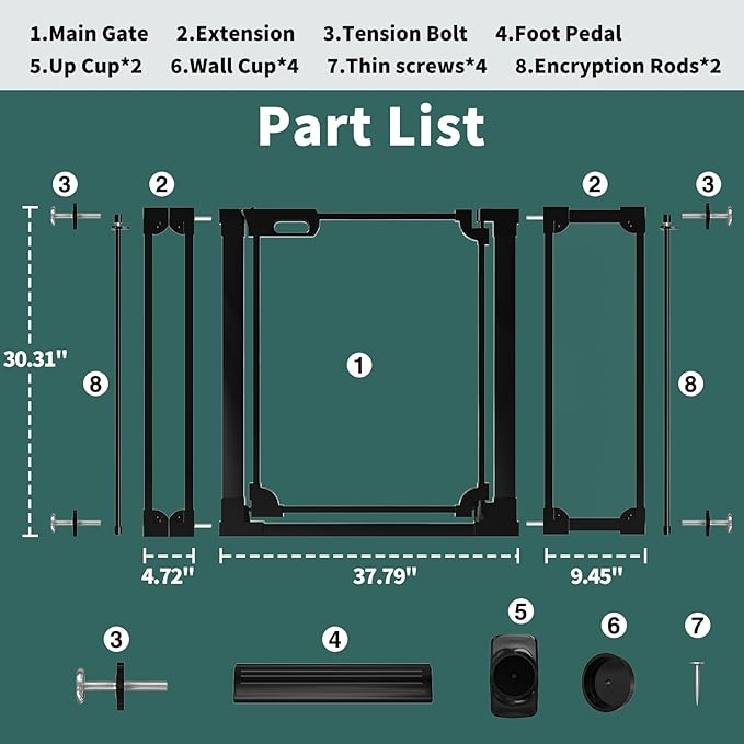 Clear Baby Gate 29.13-47.24" Wide Acrylic Safety Proof Dog Puppy Pet Barrier for Stairs, Transparent Adjustable Pressure Mounted No Drill Auto Close Indoor, Doorways, Hallway, Black