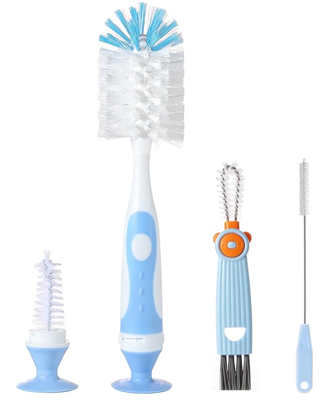 4-in-1 Baby Bottle Brush Set, Bottle Brush for Baby, Bottle Cleaner Brush Set, Including Nylon Bottle Brush, Bottle Cap Brush, Straw Brush, Nipple Brush, BPA-Free (Blue)