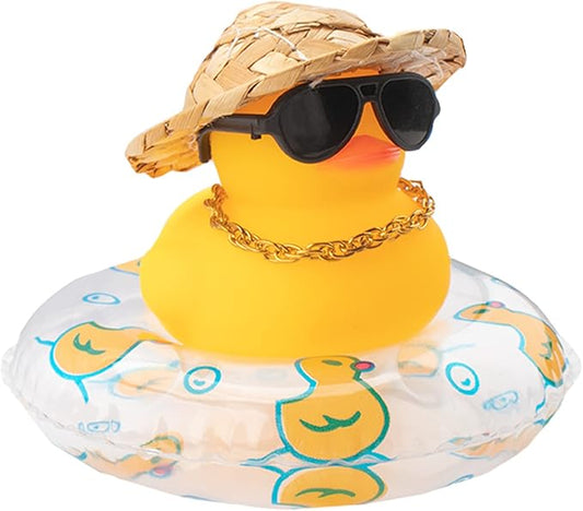 wonuu Car Rubber Duck, Yellow Duck Decoration Dashboard with Sun Hat Swim Ring Necklace Sunglasses for Car Dashboard Decorations (Straw Hat-Transparent)