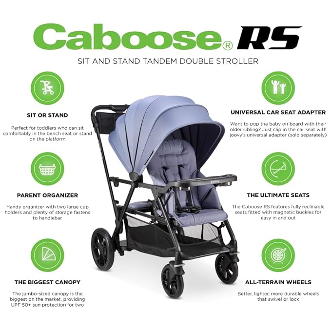 Joovy Caboose RS Sit & Stand Double Stroller for Children Up to 55 lb. with All-Terrain Wheels, UPF50+ Sun Canopy & Magnetic 5-Point Safety Harnesses, Slate