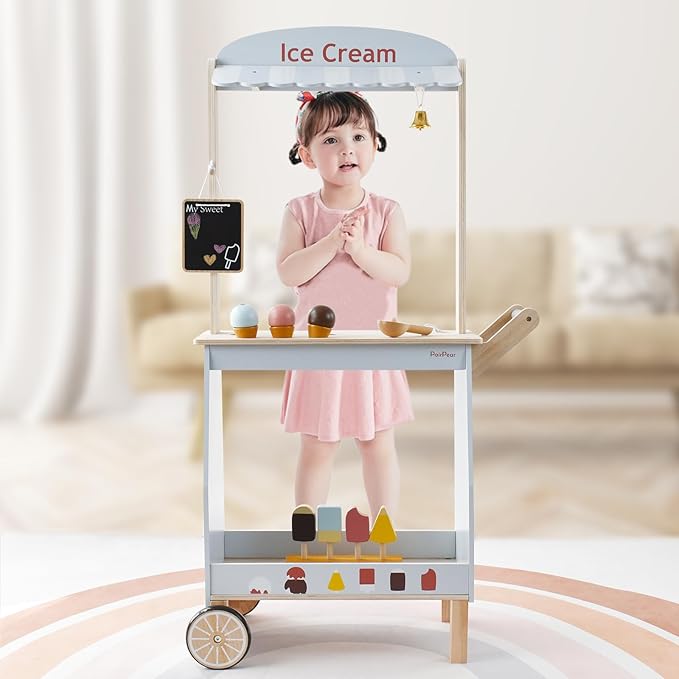 PairPear Wooden Ice Cream Cart for Kids – Toddler Pretend Play Grocery Store Ice Cream Truck Playset Kids Dessert Truck Play Food Kitchen Toys Gift for Boys and Girls 3 Years and up