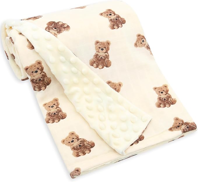 LifeTree Baby Girl & Boy Blankets, Soft Double Layer Swaddle Blankets, Muslin Front and Dotted Fleece Backing Receiving Bed Throw Blanket for Newborn Unisex, 31X40 Inches, Bear Pattern