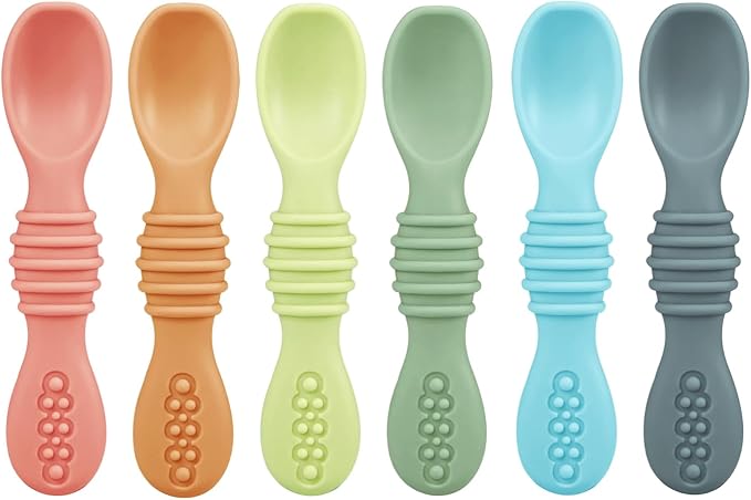 PandaEar 6 Pack Silicone Baby Spoons - Self Feeding Utensils 6-12 Months - Infant Spoons First Stage - Baby Feeding Essentials