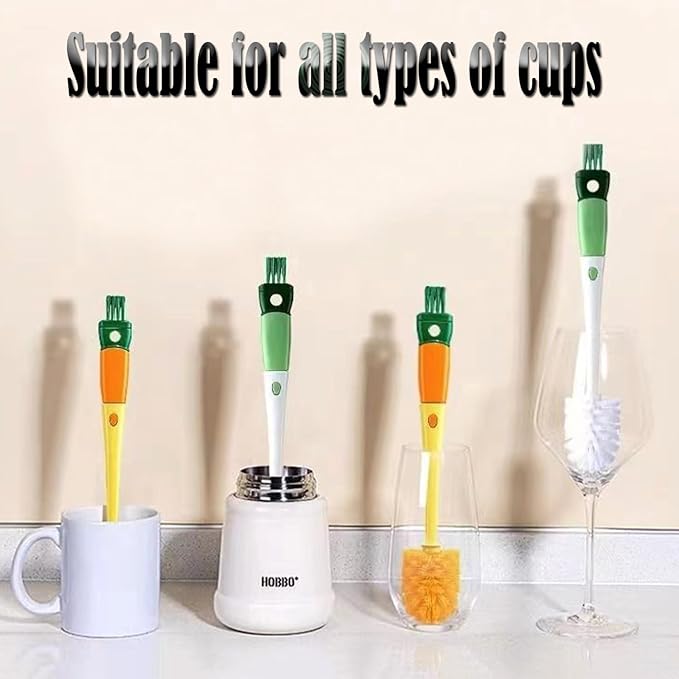 Multi-Role Bottle Brush, Long Handle Bottle Brush Cleaner, Flexible Scrub Brush for Water Bottles, Glasswares, Cup, Safe On Multiple Types of Vacuum Cup, Baby Bottles, Vases 2Pcs (4-in-1)