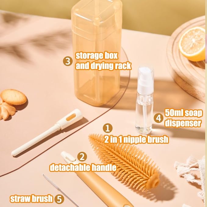 Baby Bottle Brush -YIMIKE Travel Baby Bottle Brush Cleaner Set with Silicone Nipple & Bottle Brush,Straw Brush,Soap Dispenser and Rack - Water Bottles Cleaning Too