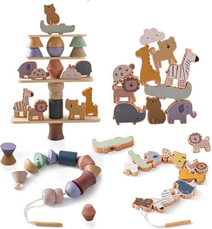 Wooden Animals Threading Toys Lacing Beads for Toddlers 3 4 5 Years Old, Stacking Blocks Balance Toy, Educational Preschool Learning Toy, Montessori Activities for Boys & Girls