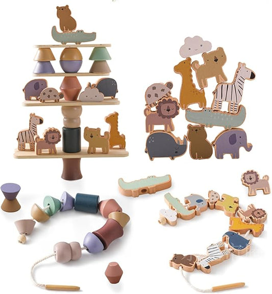 Wooden Animals Threading Toys Lacing Beads for Toddlers 3 4 5 Years Old, Stacking Blocks Balance Toy, Educational Preschool Learning Toy, Montessori Activities for Boys & Girls
