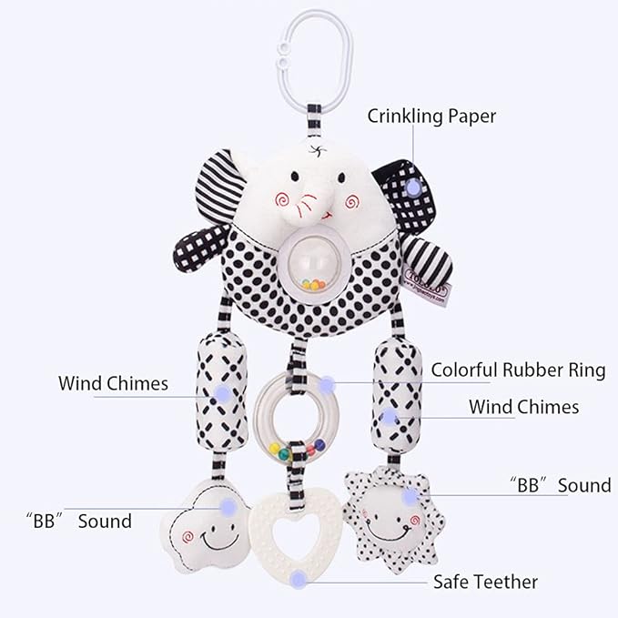 D-KINGCHY Baby Toys Car Seat Stroller Plush Hanging Rattle Animal Stuffed Hanging Toy with Teether Rattle Sound for 0-3 Years Old (Elephant)