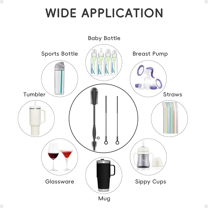 Silicone Cleaning Brush Kit,Water Bottle and Straw Cleaner Brush Set for Tumbler,Baby Bottle,Breast Pump Part,Nipple,Sippy Cup,Glass,Dishwasher Safe,BPA Free,3 Pcs