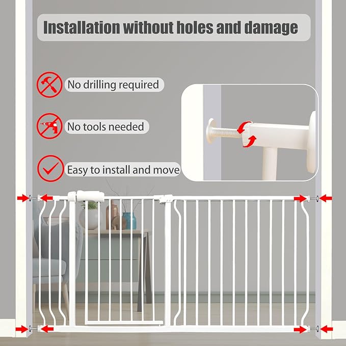 Heavy Duty Baby & Dog Safety Gate, Extra Wide 85.8-90.5 Inch,White Metal, Tension Mounted No Drilling Pet Gate for Large Openings