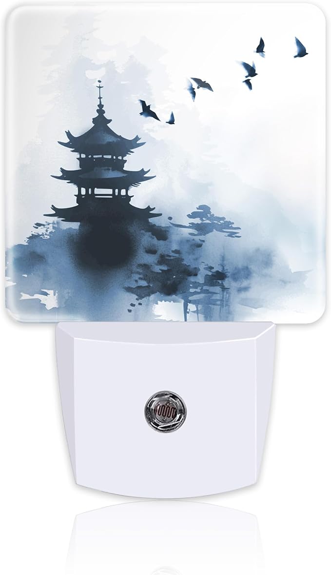 Pagoda and Soaring Birds Night Light Plug into Wall, Watercolor Ink Painting Landscapes Dusk to Dawn Night Light Plug in,0.5w Energy Saving Sleep Friendly NightLight for Kids Boys Girls Home Decor