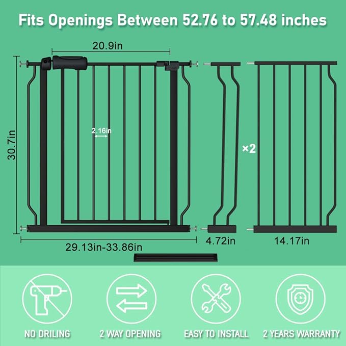 ALLAIBB Extra Wide Pressure Mounted Baby Gate Walk Through Child Kids Safety Toddler Tension White Long Large Pet Dog Gates with Extension for doorways Kitchen (52.76-57.48"/134-146cm, Black)
