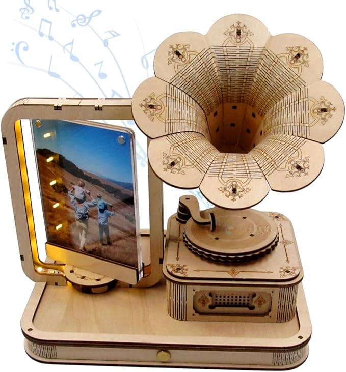 CUBERIE 3D Puzzles for Adults, Gramophone Wooden Model kit Music Box Gifts for Woman Man, Assembly Three-D Wood Puzzle Decor with Acrylic Picture Frame, Toys for Ages 14 and up