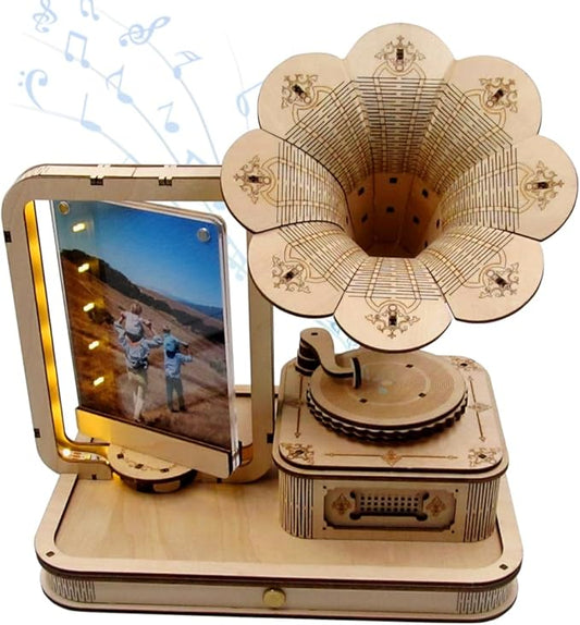 CUBERIE 3D Puzzles for Adults, Gramophone Wooden Model kit Music Box Gifts for Woman Man, Assembly Three-D Wood Puzzle Decor with Acrylic Picture Frame, Toys for Ages 14 and up