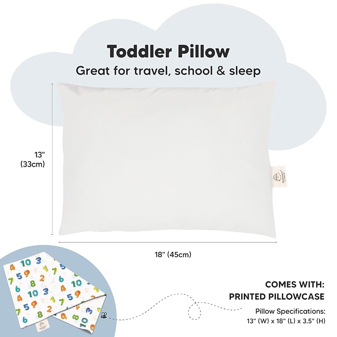 Toddler Pillow with Pillowcase - 13x18 My Little Dreamy Kids Travel Bed Pillows for Sleeping, Organic Cotton Small Pillowcase, Soft & Breathable, Machine Washable, Toddlers 2-5 Years Old (Dino123)